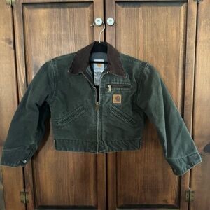 Vintage Carhartt Detroit Kids Green Jacket With Brown Collar. Size XS 4-5